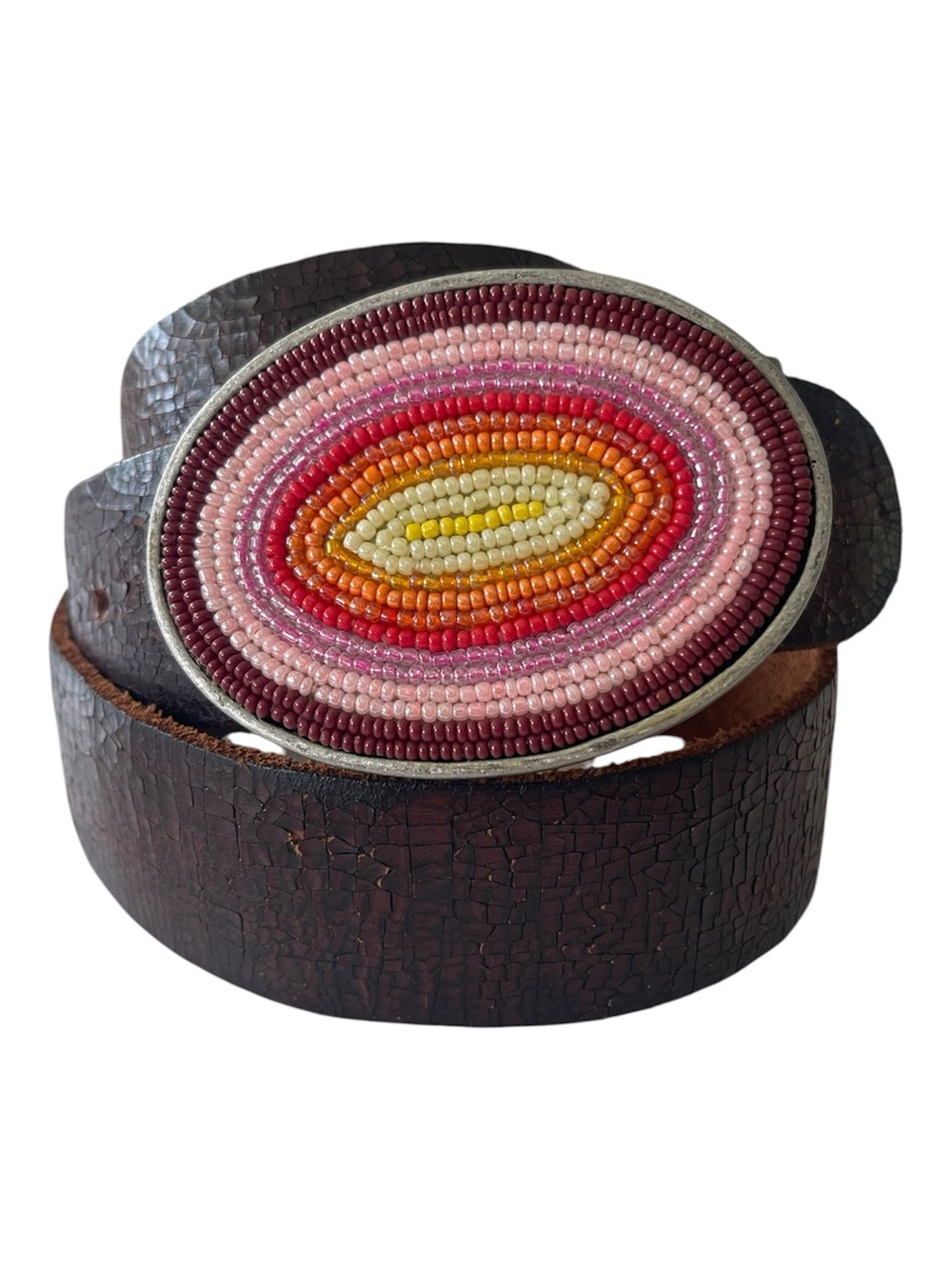 Distressed Brown Leather Belt Seed Bead Multicolored Buckle Boho Festival XL